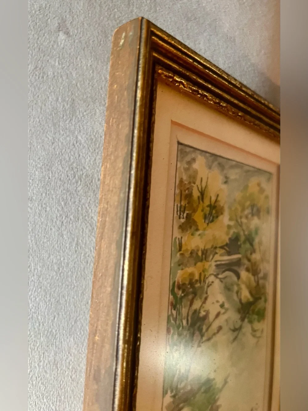 HVintage Original Watercolor Landscape | Stone Bridge | Signed E.C. | MCM